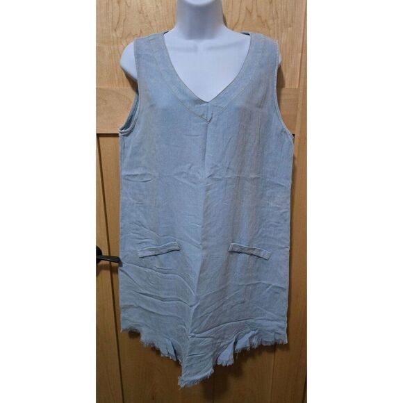 Umgee Light Blue Sleeveless V-Neck Frayed Hem Tunic Dress Large Womens Chic - Picture 1 of 5